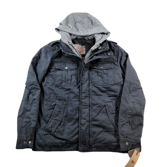Levis Sherpa Lined Hooded Trucker Jacket Mens Small Navy Blue $135‎ - Picture 1 of 11